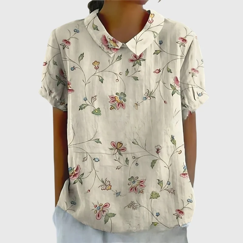 Kurzärmelige Damenbluse mit Blumenmuster und Bubikragen