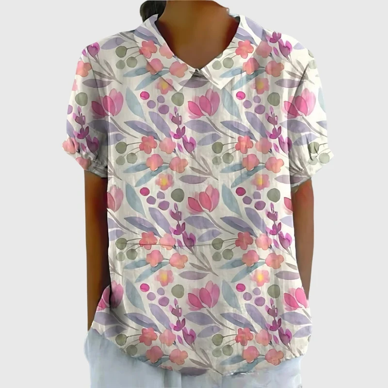 Kurzärmelige Damenbluse mit Blumenmuster und Bubikragen