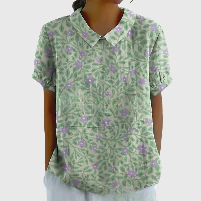 Kurzärmelige Damenbluse mit Blumenmuster und Bubikragen