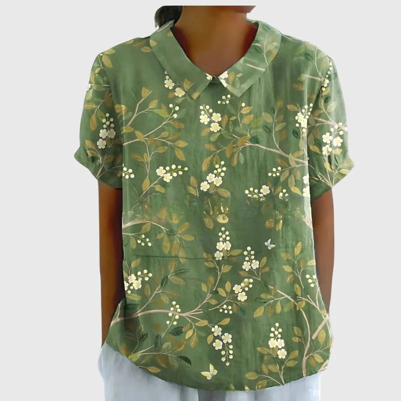 Kurzärmelige Damenbluse mit Blumenmuster und Bubikragen