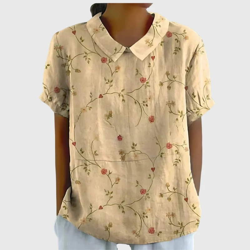 Kurzärmelige Damenbluse mit Blumenmuster und Bubikragen