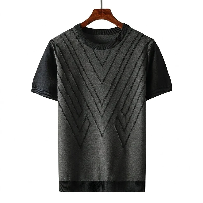 Herren Kurzarm Strickoberteil mit geometrischem V Muster