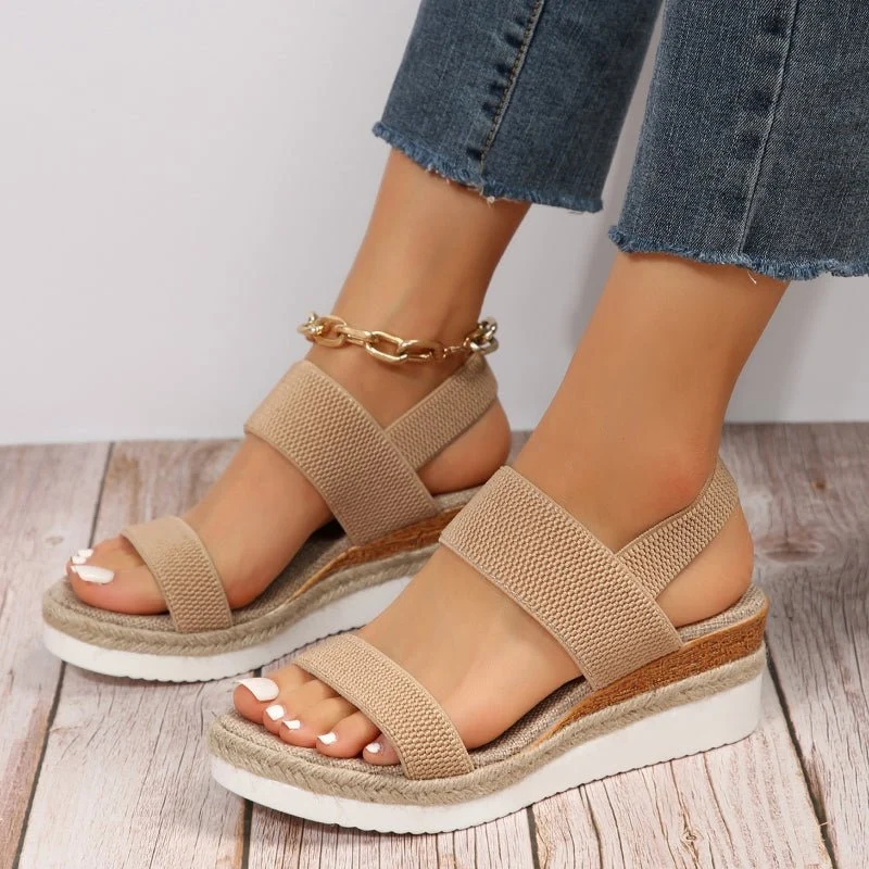 Damen-Plateau-Sandalen mit elastischen Riemen und Jute-Besatz