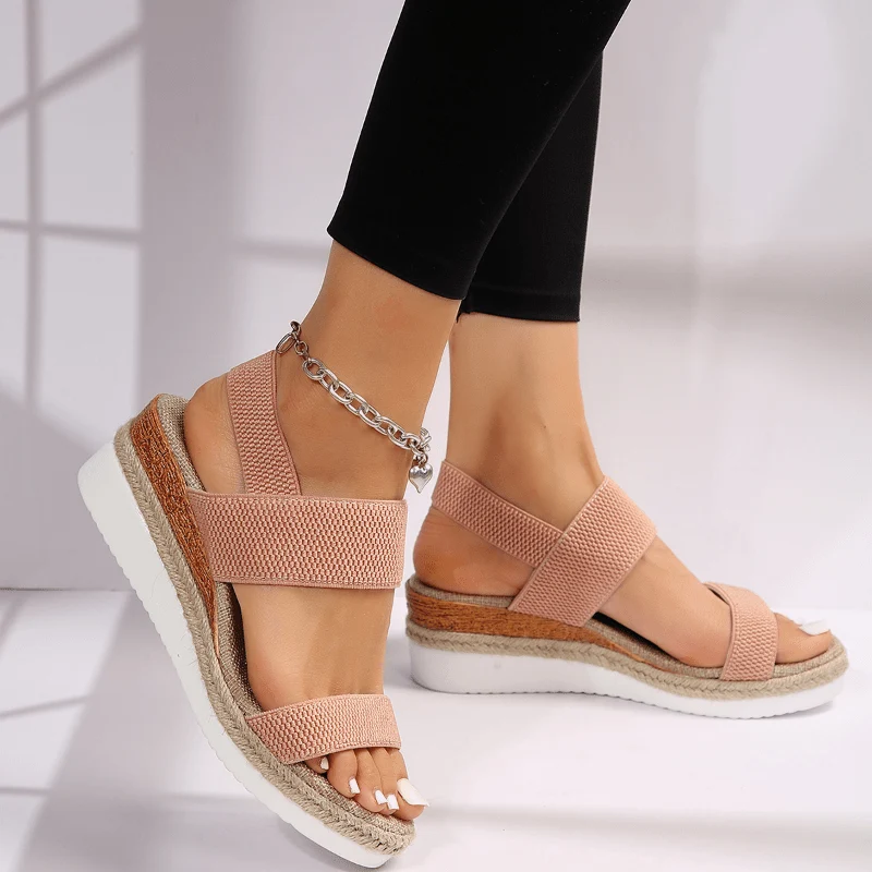 Damen-Plateau-Sandalen mit elastischen Riemen und Jute-Besatz