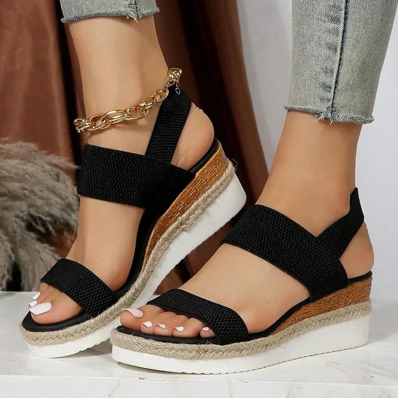 Damen-Plateau-Sandalen mit elastischen Riemen und Jute-Besatz