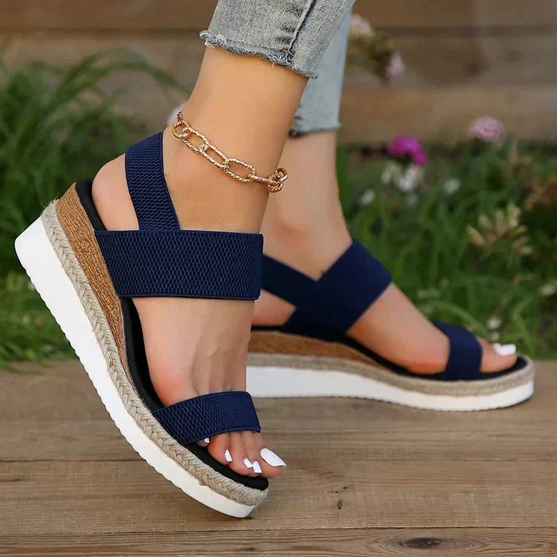 Damen-Plateau-Sandalen mit elastischen Riemen und Jute-Besatz