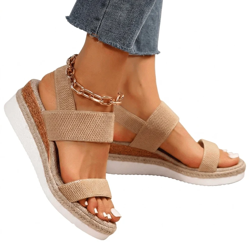 Damen-Plateau-Sandalen mit elastischen Riemen und Jute-Besatz