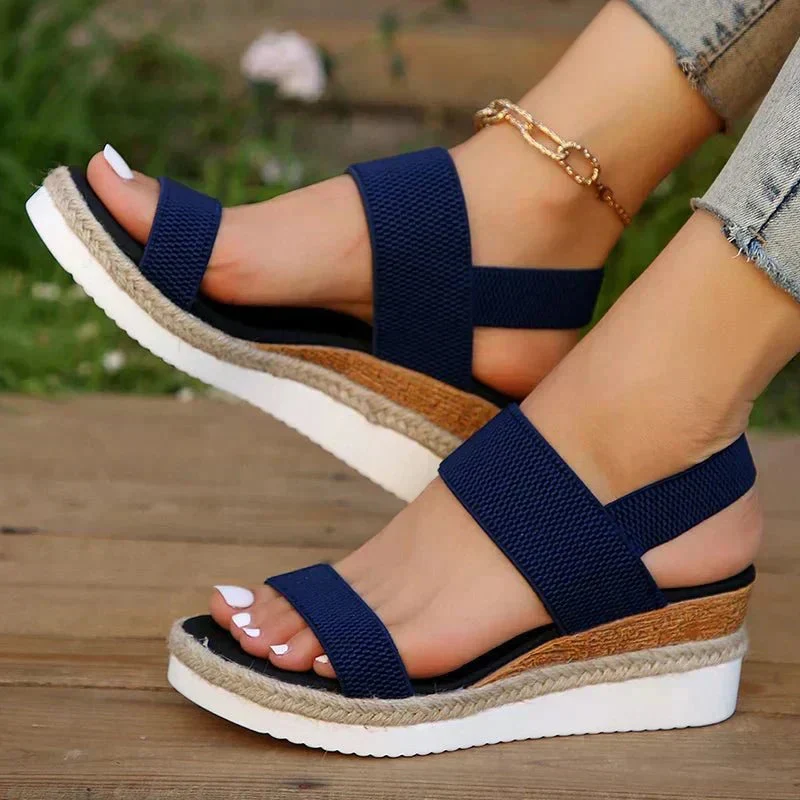 Damen-Plateau-Sandalen mit elastischen Riemen und Jute-Besatz