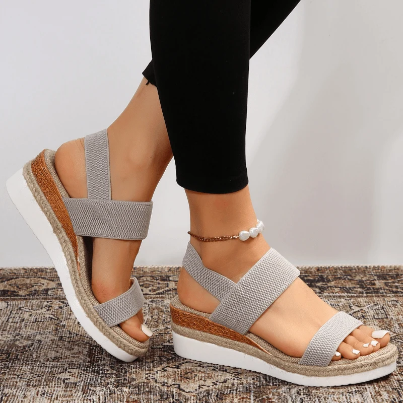 Damen-Plateau-Sandalen mit elastischen Riemen und Jute-Besatz