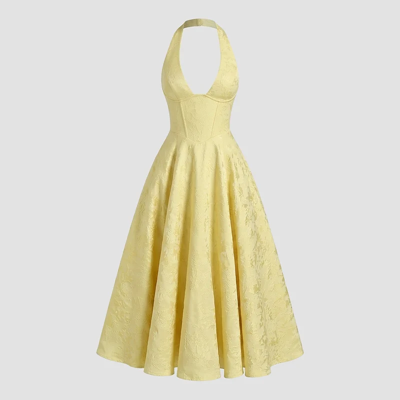 Damen Neckholderkleid mit Korsett Oberteil und Strukturmuster und Schleife am Nacken