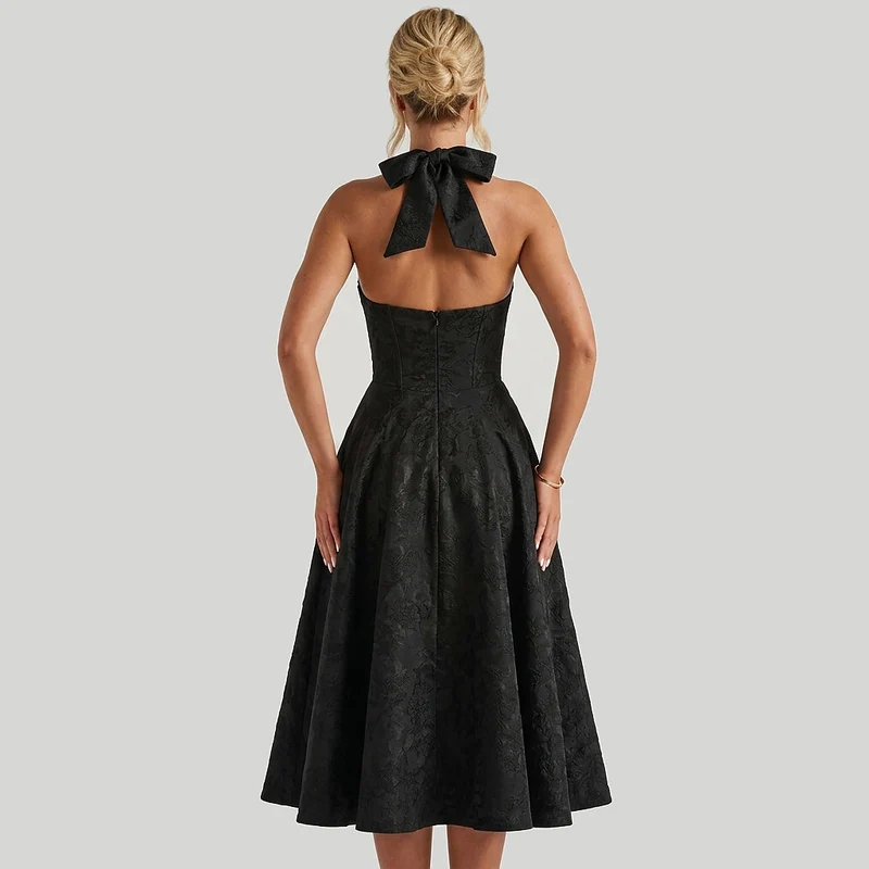 Damen Neckholderkleid mit Korsett Oberteil und Strukturmuster und Schleife am Nacken