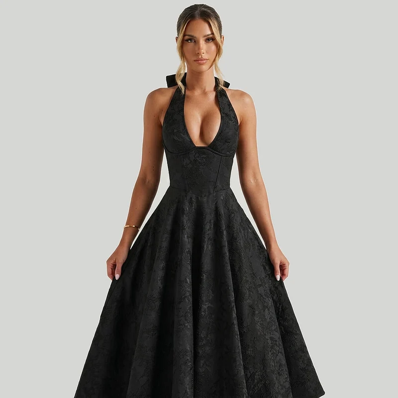 Damen Neckholderkleid mit Korsett Oberteil und Strukturmuster und Schleife am Nacken