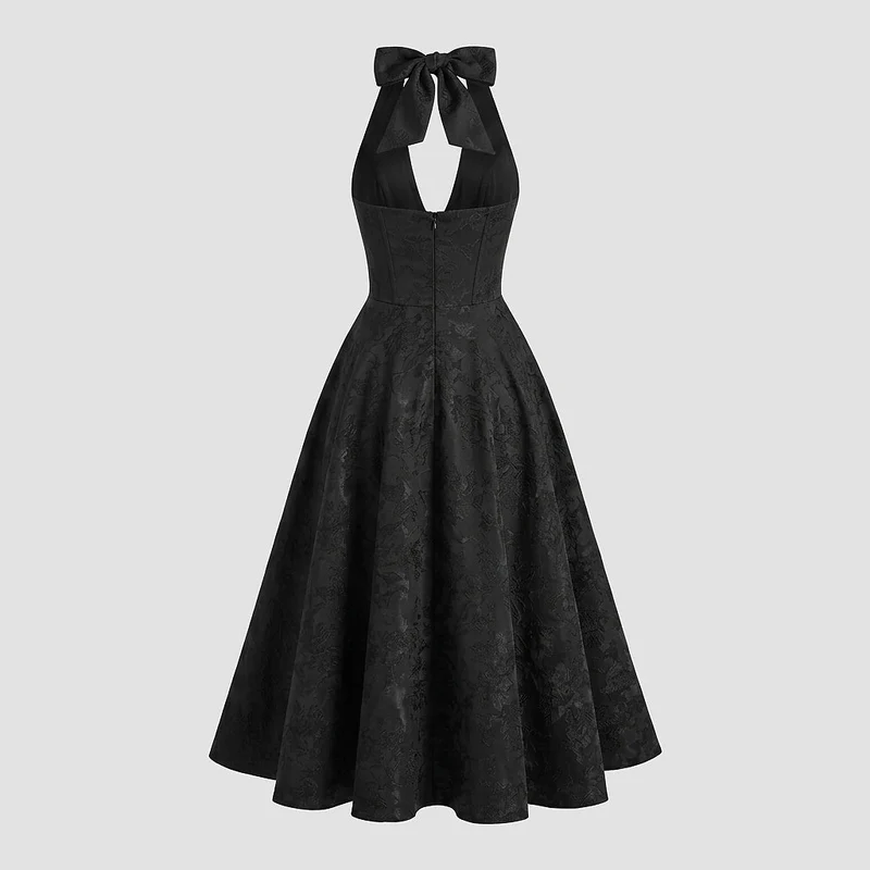 Damen Neckholderkleid mit Korsett Oberteil und Strukturmuster und Schleife am Nacken