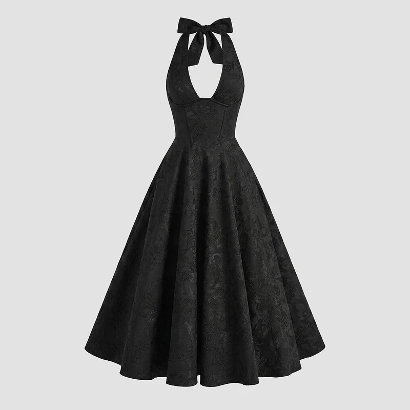 Damen Neckholderkleid mit Korsett Oberteil und Strukturmuster und Schleife am Nacken