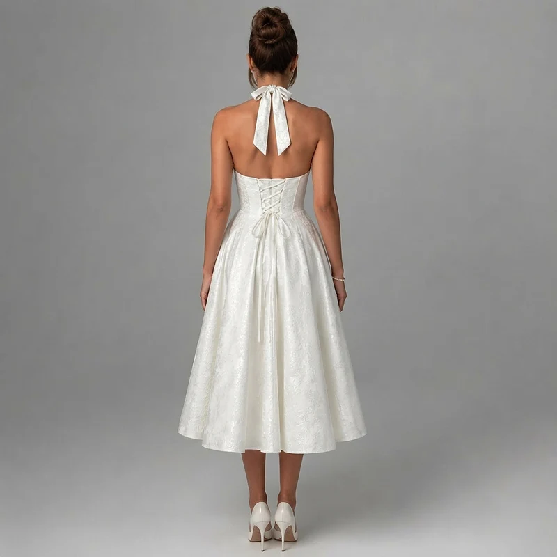 Damen Neckholderkleid mit Korsett Oberteil und Strukturmuster und Schleife am Nacken