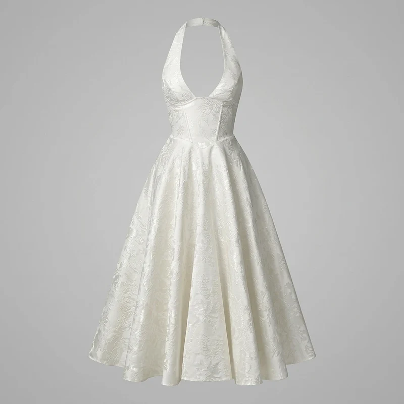 Damen Neckholderkleid mit Korsett Oberteil und Strukturmuster und Schleife am Nacken