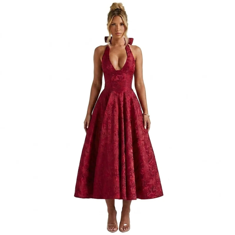 Damen Neckholderkleid mit Korsett Oberteil und Strukturmuster und Schleife am Nacken