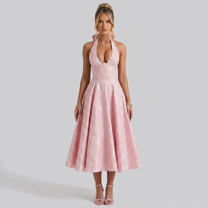 Damen Neckholderkleid mit Korsett Oberteil und Strukturmuster und Schleife am Nacken