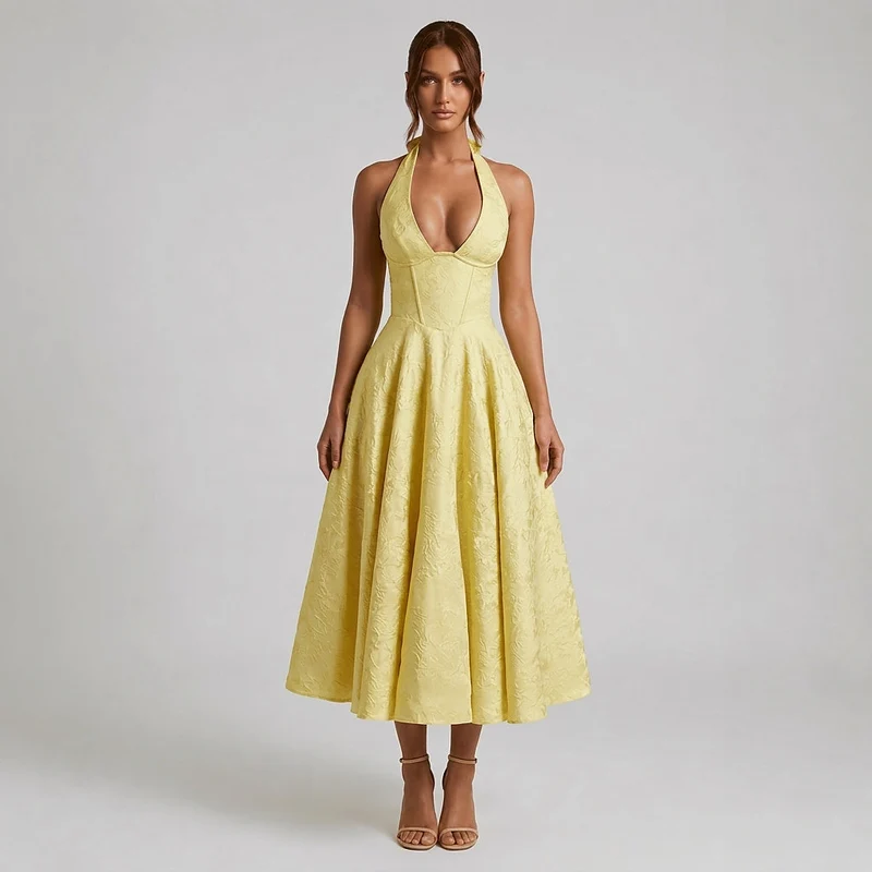 Damen Neckholderkleid mit Korsett Oberteil und Strukturmuster und Schleife am Nacken