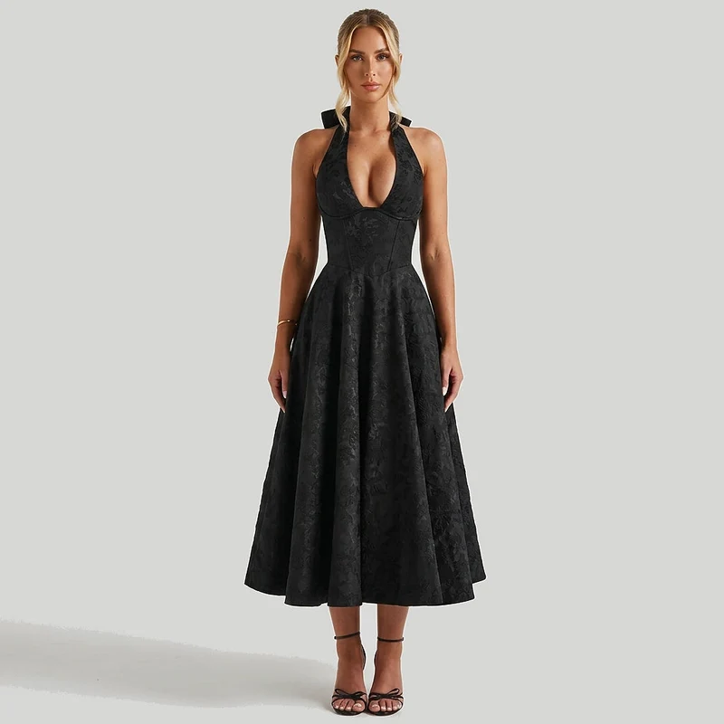 Damen Neckholderkleid mit Korsett Oberteil und Strukturmuster und Schleife am Nacken