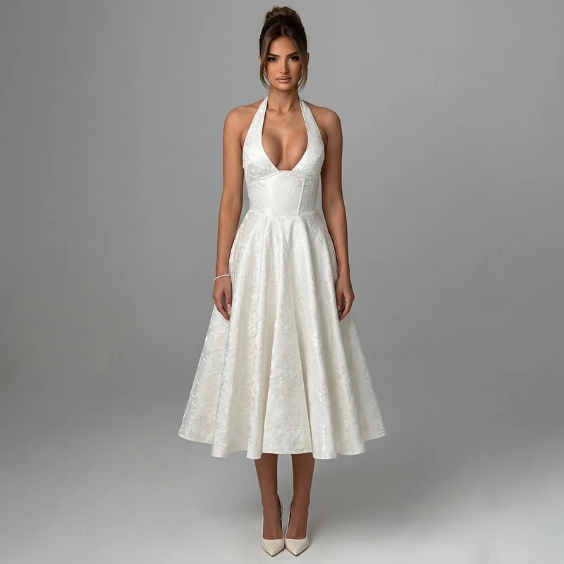 Damen Neckholderkleid mit Korsett Oberteil und Strukturmuster und Schleife am Nacken