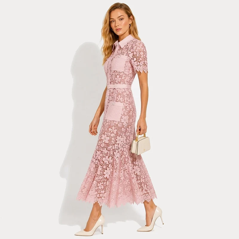 Damen Midikleid mit Blumenmuster und Gürtel und Taschen