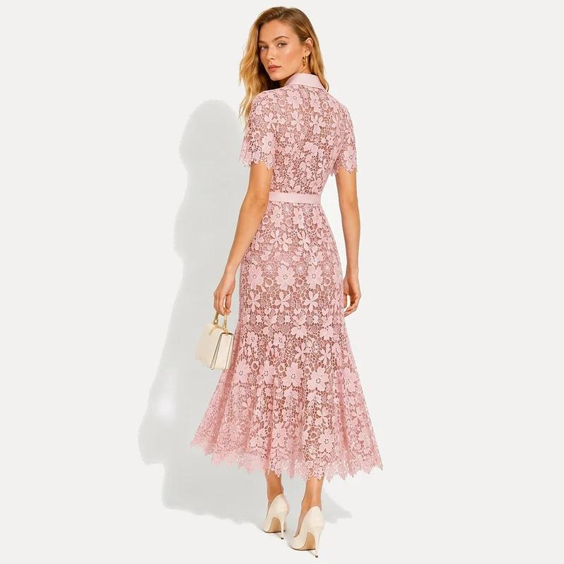 Damen Midikleid mit Blumenmuster und Gürtel und Taschen
