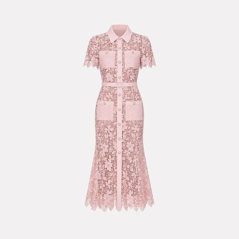 Damen Midikleid mit Blumenmuster und Gürtel und Taschen