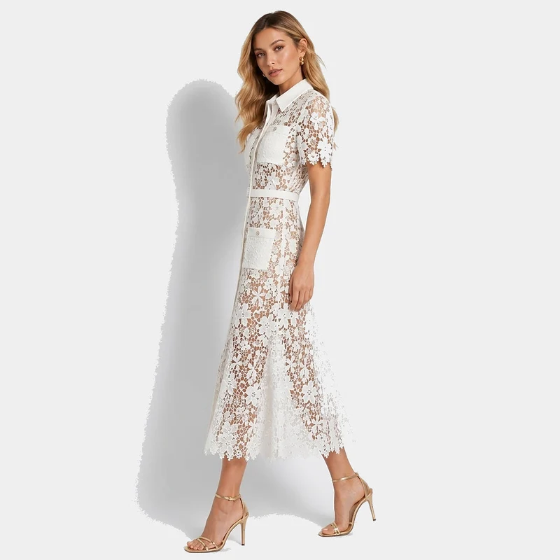 Damen Midikleid mit Blumenmuster und Gürtel und Taschen