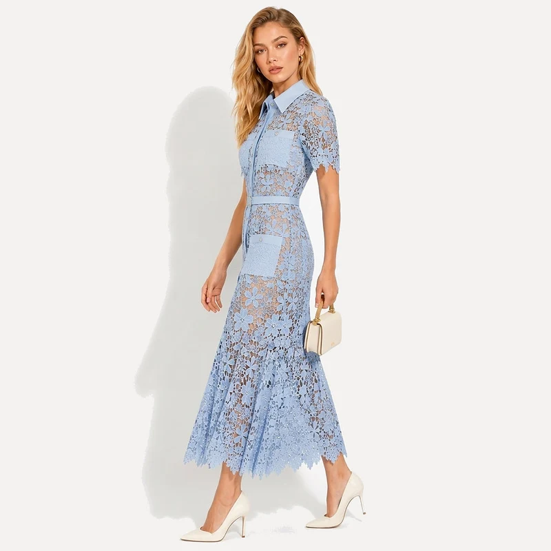 Damen Midikleid mit Blumenmuster und Gürtel und Taschen