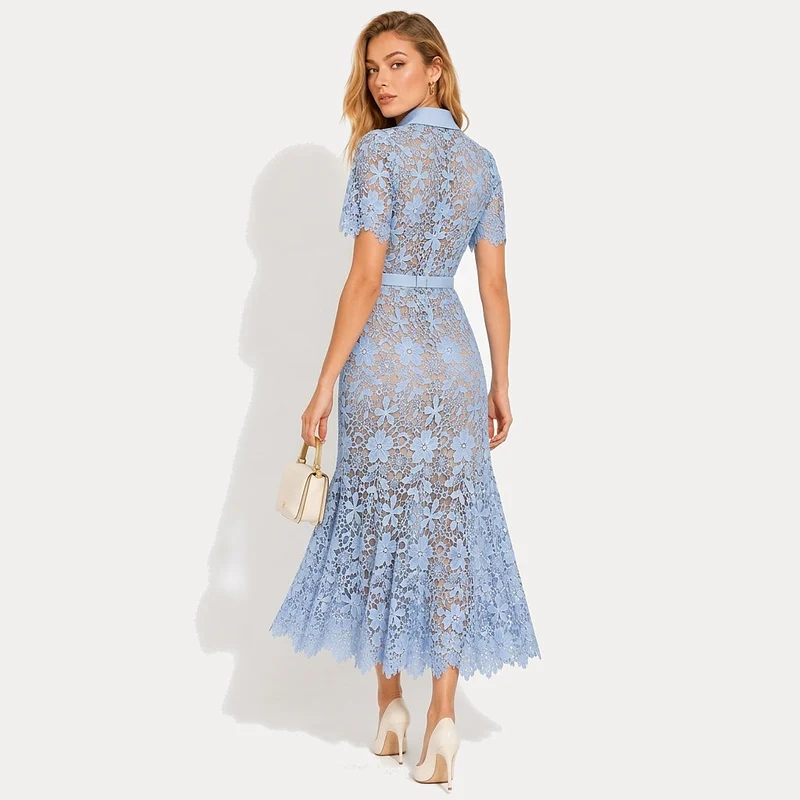 Damen Midikleid mit Blumenmuster und Gürtel und Taschen