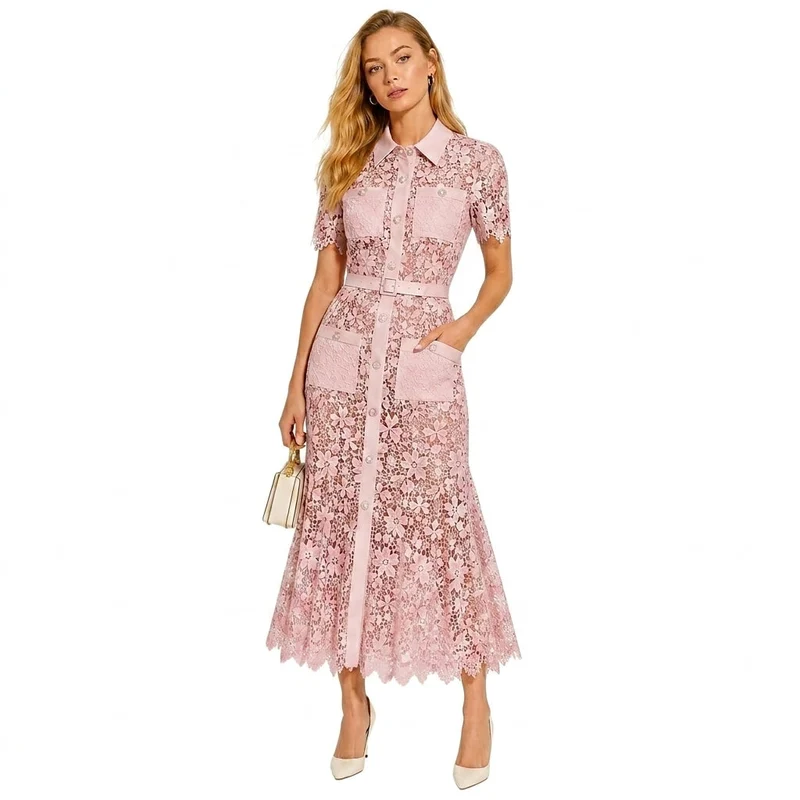 Damen Midikleid mit Blumenmuster und Gürtel und Taschen