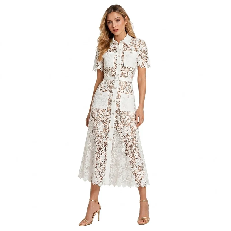Damen Midikleid mit Blumenmuster und Gürtel und Taschen