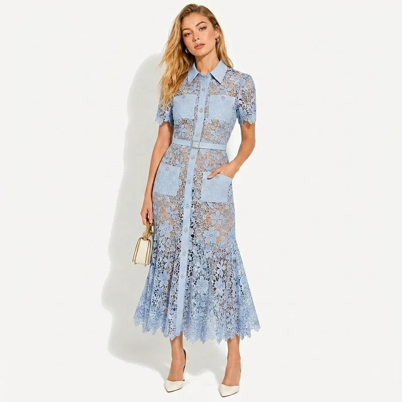 Damen Midikleid mit Blumenmuster und Gürtel und Taschen
