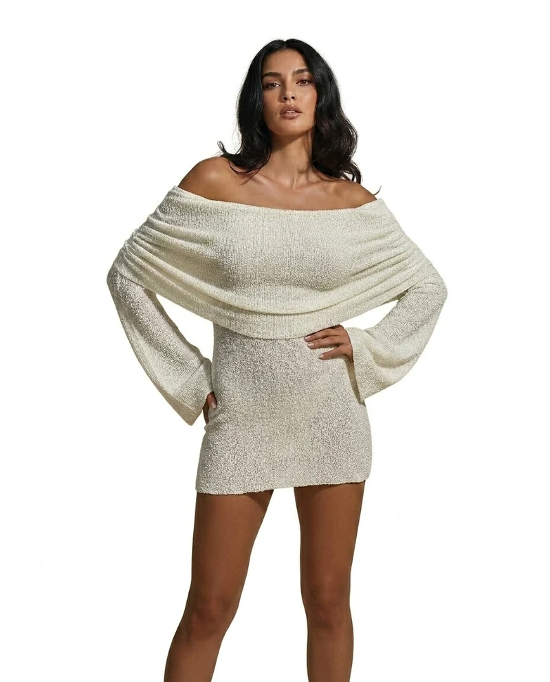 Damen Schulterfreies Minikleid mit langen Ärmeln und drapiertem Ausschnitt