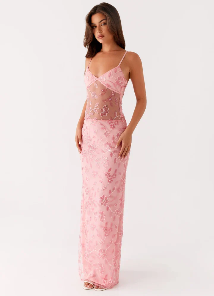 Lila | Transparentes Blumen-Maxikleid