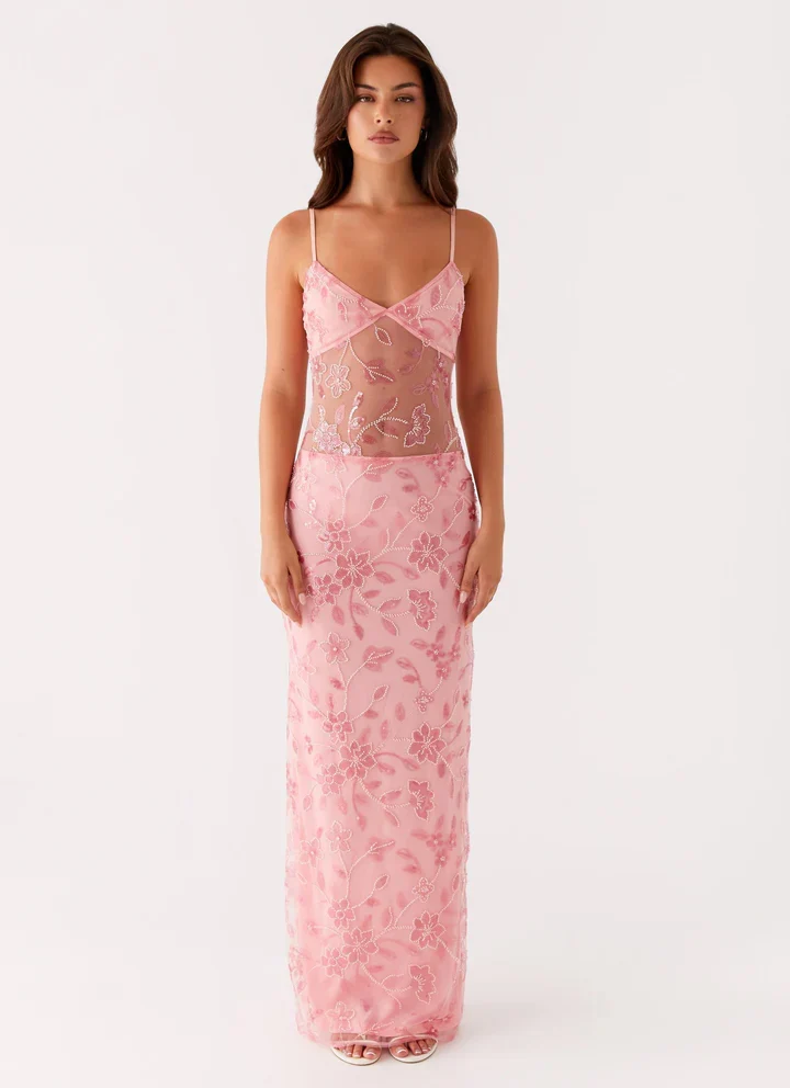 Lila | Transparentes Blumen-Maxikleid