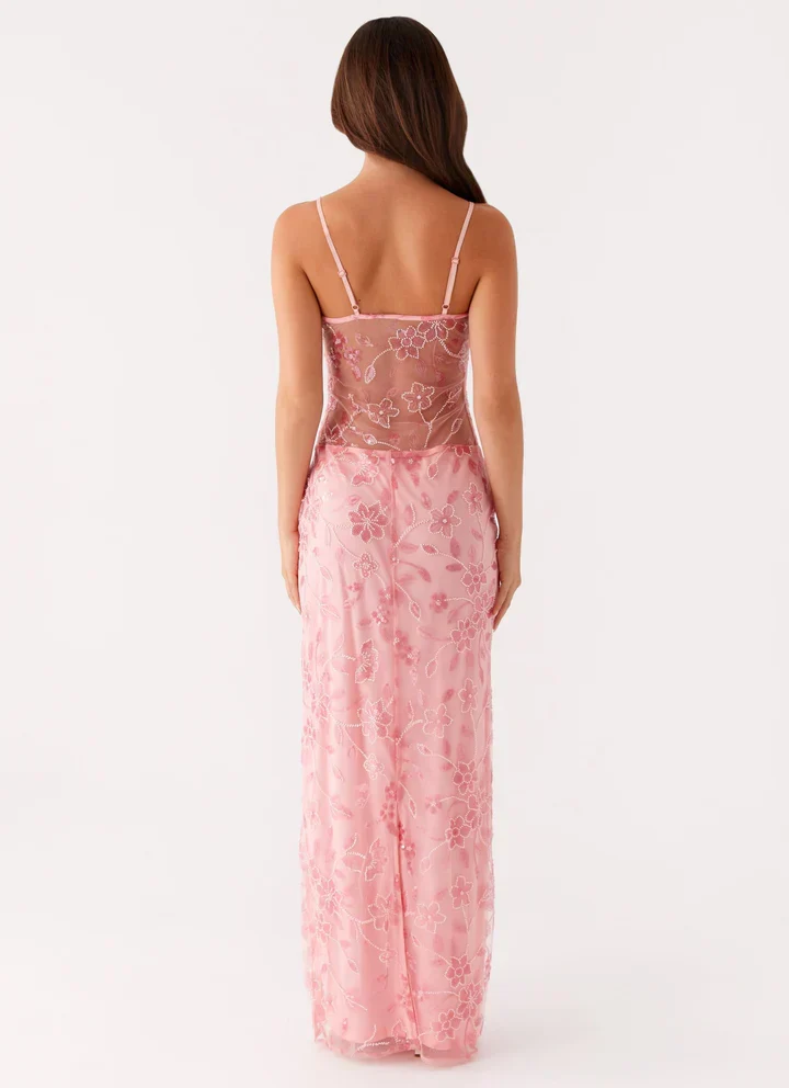 Lila | Transparentes Blumen-Maxikleid