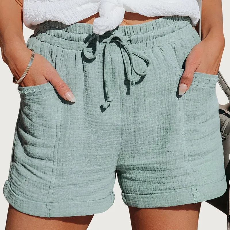 Damen Shorts mit elastischem Bund und Kordelzug sowie aufgesetzten Taschen und umgeschlagenen Säumen