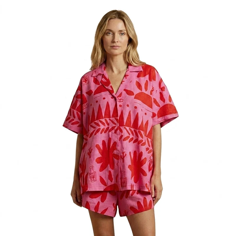 Damen Kurzarmhemd und Shorts Set mit abstraktem Muster