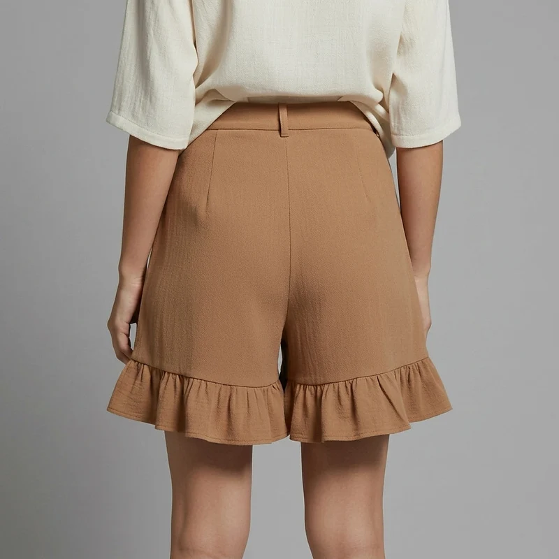 Damen Shorts mit hohem Bund und Falten und Volantsaum und Knopfverschluss