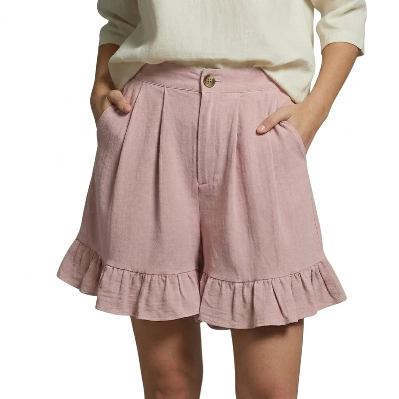 Damen Shorts mit hohem Bund und Falten und Volantsaum und Knopfverschluss