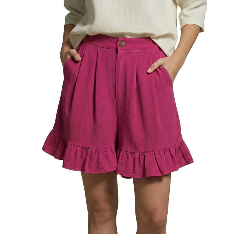 Damen Shorts mit hohem Bund und Falten und Volantsaum und Knopfverschluss
