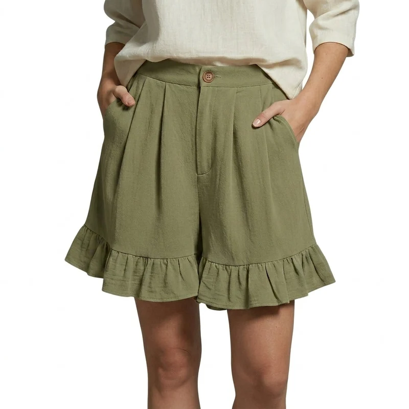 Damen Shorts mit hohem Bund und Falten und Volantsaum und Knopfverschluss