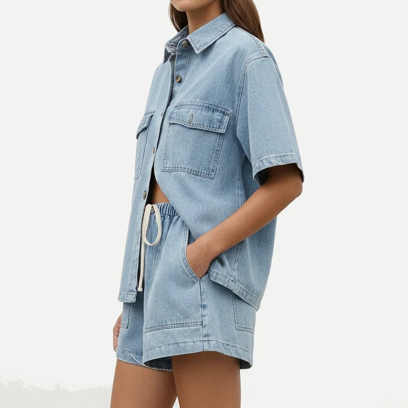 Damen Kurzarmhemd und Shorts Set mit Brusttaschen und Kordelzug