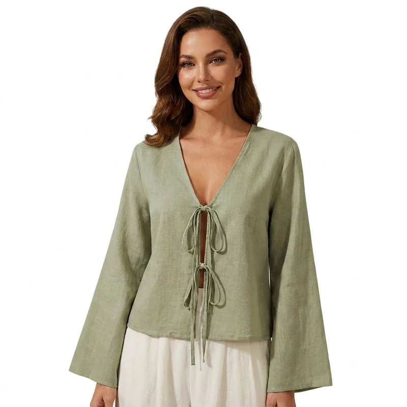 Damen-Kurzbluse mit V-Ausschnitt und Bindebändern