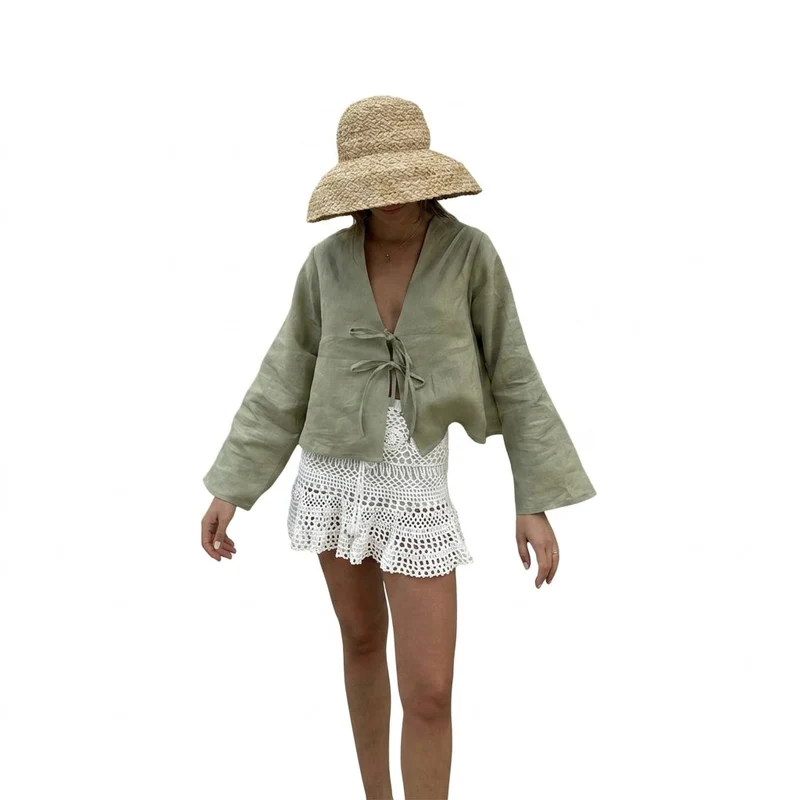 Damen-Kurzbluse mit V-Ausschnitt und Bindebändern