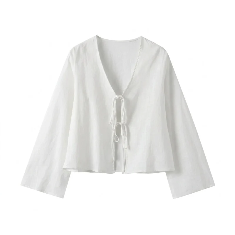 Damen-Kurzbluse mit V-Ausschnitt und Bindebändern