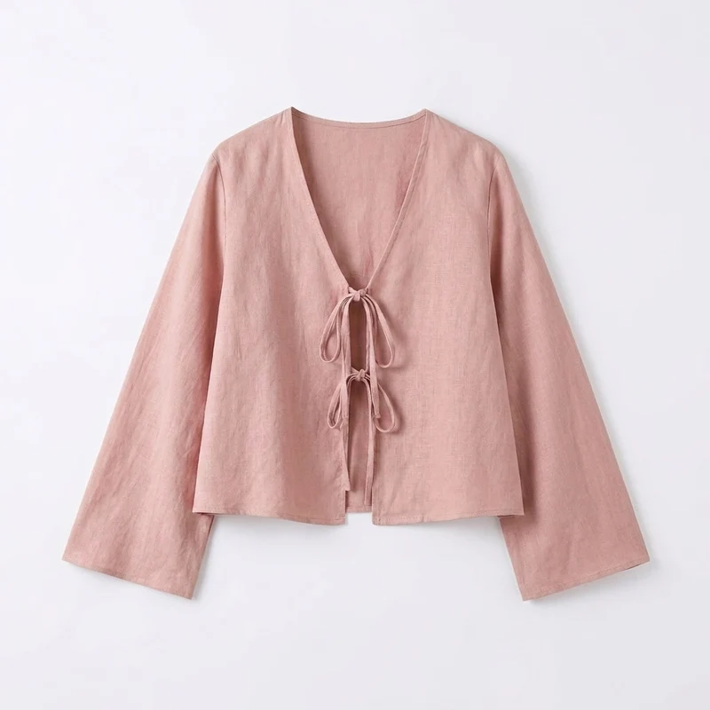 Damen-Kurzbluse mit V-Ausschnitt und Bindebändern