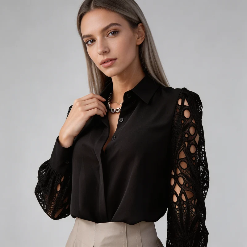 Damen-Bluse mit Knopfleiste und Ärmeln mit Durchbruchmuster